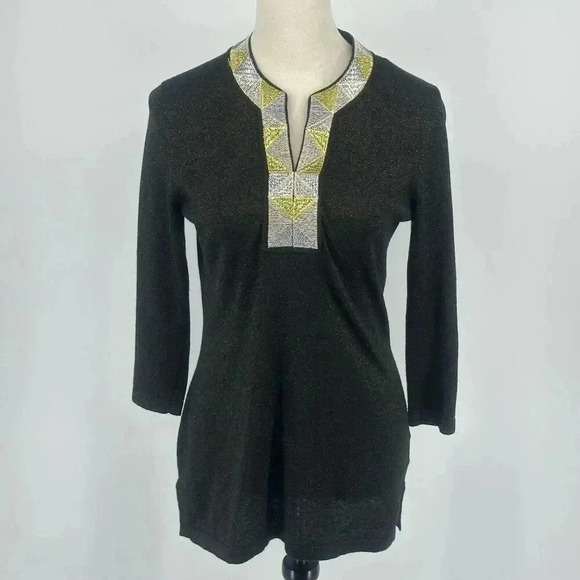 J. McLaughlin Womens Small Tunic Top Black Metallic Gold Silver V Neck Whimsical - Picture 1 of 13